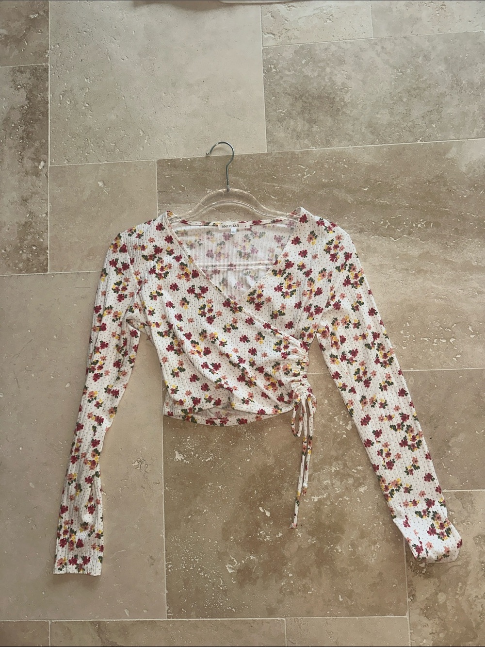 Floral Ribbed Wrap Long-Sleeve Crop Top - White with Pink/Yellow Flowers